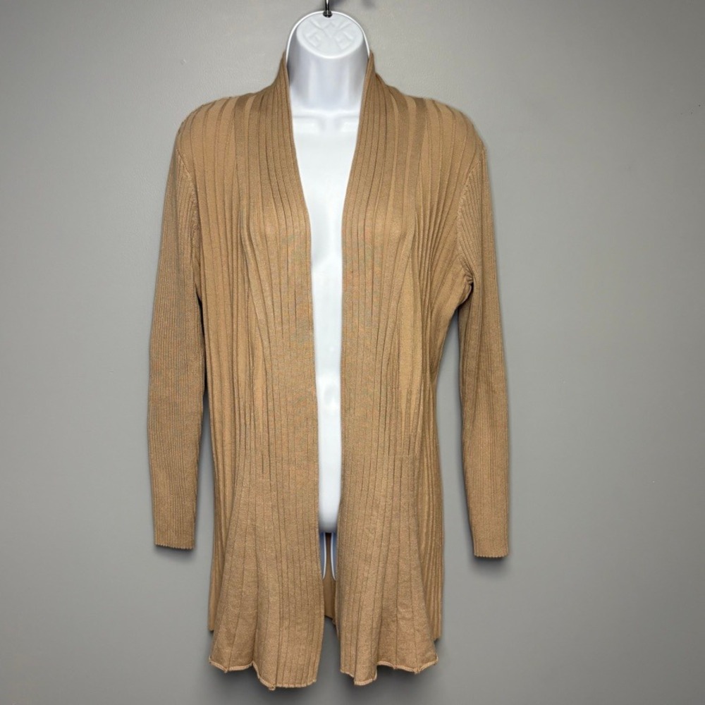 NWT Rebecca Malone Neutral Minimalist Open Lightweight Knit Tan Cardigan Sz L